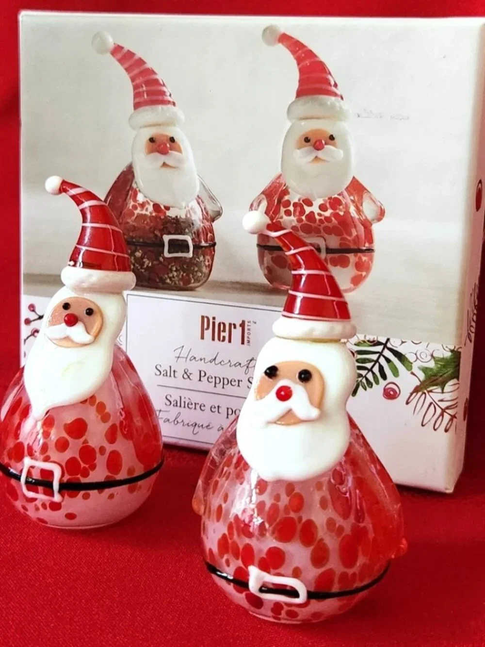 Pier 1 Imports Hand Blown Glass Santa Claus Christmas Salt/Pepper Shakers NIB